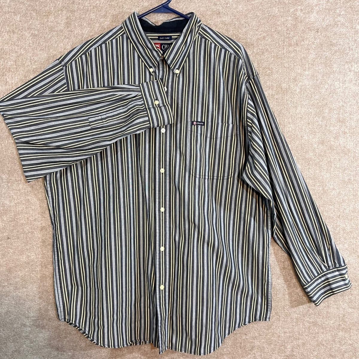 Chaps Button Down Shirt Mens XL Striped Long Sleeve Easy Care Gray Yellow