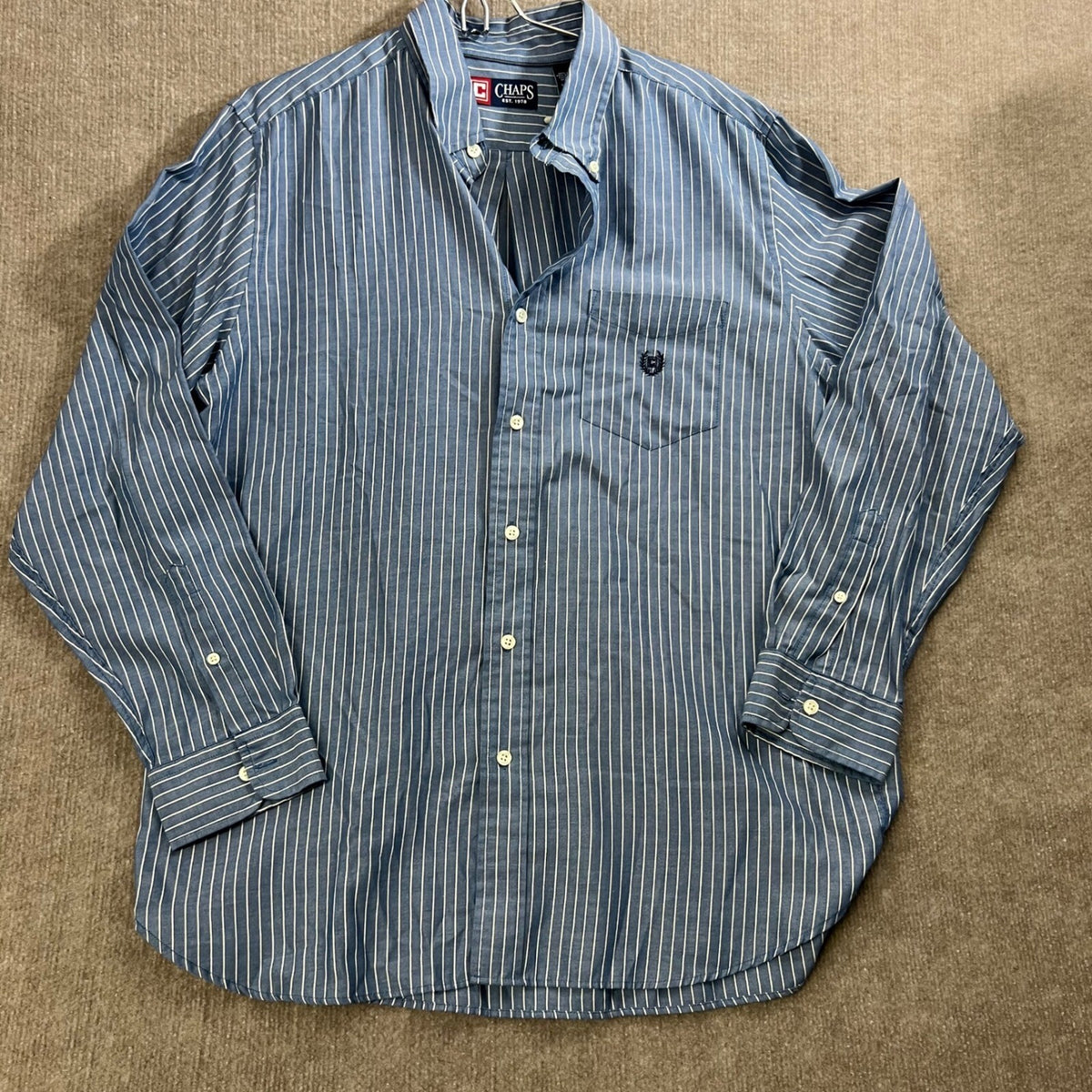 Chaps Est. 1978 Striped Button Down Shirt L/G Blue White Embroidered Logo