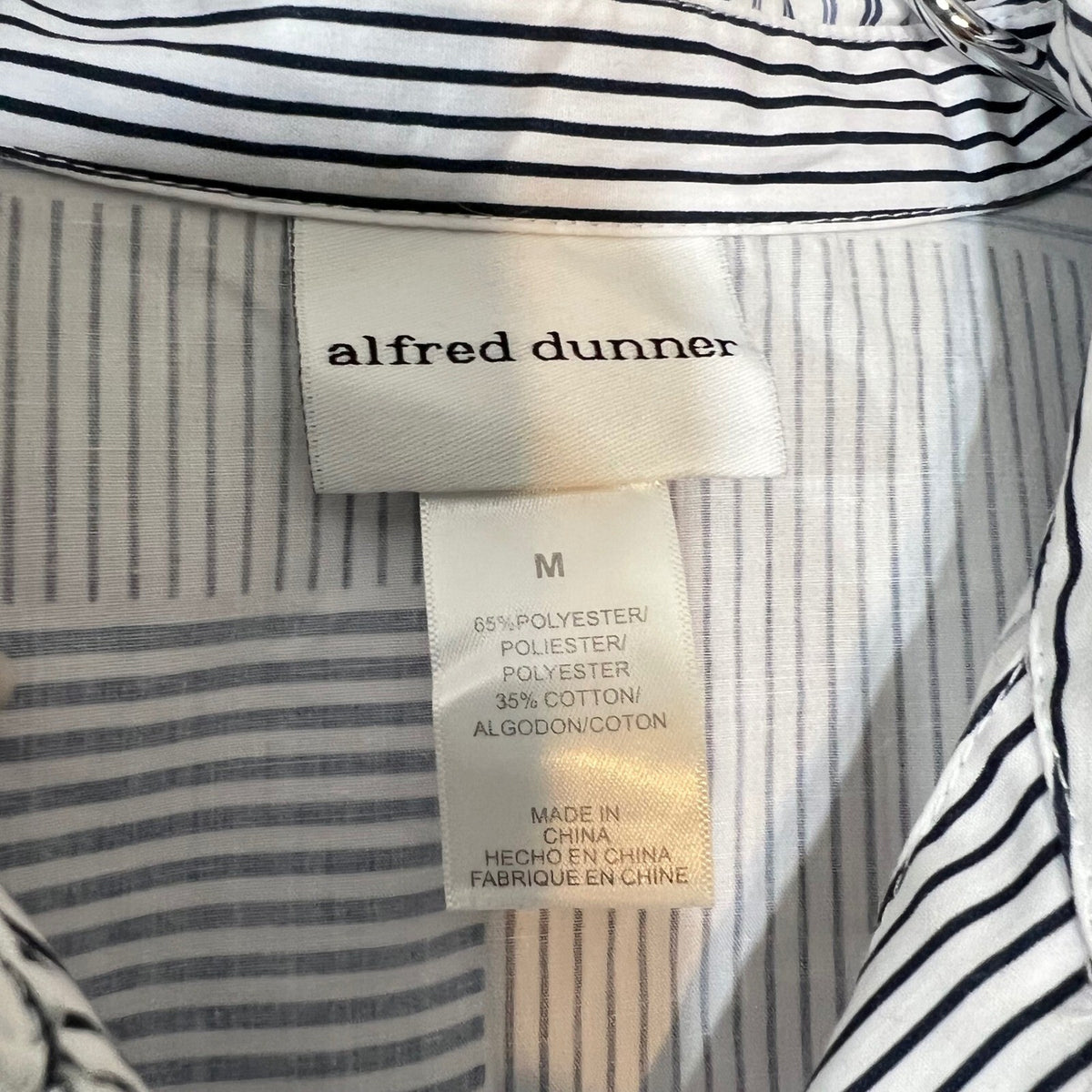 Alfred Dunner Button Up Shirt Womens Medium Blue White Patchwork Floral Coastal