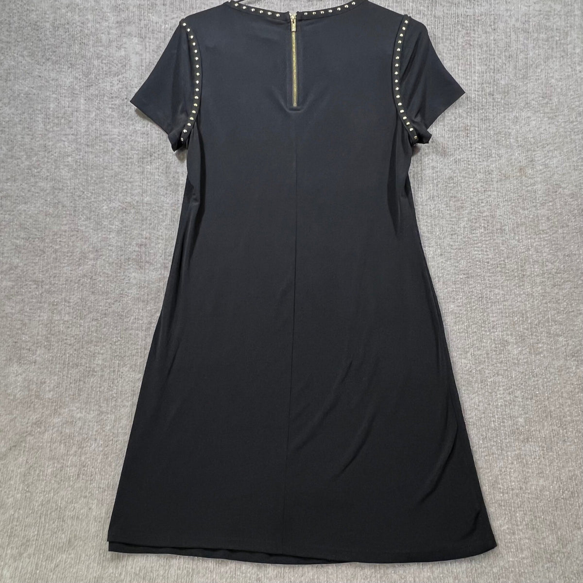 Calvin Klein Black Short Sleeve Studded Neck Shift Dress Gold Zipper