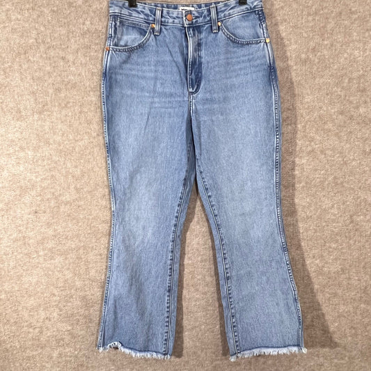 Wrangler Wrock High Rise Kicked Flare Jeans Light Wash Frayed Hem Size 28