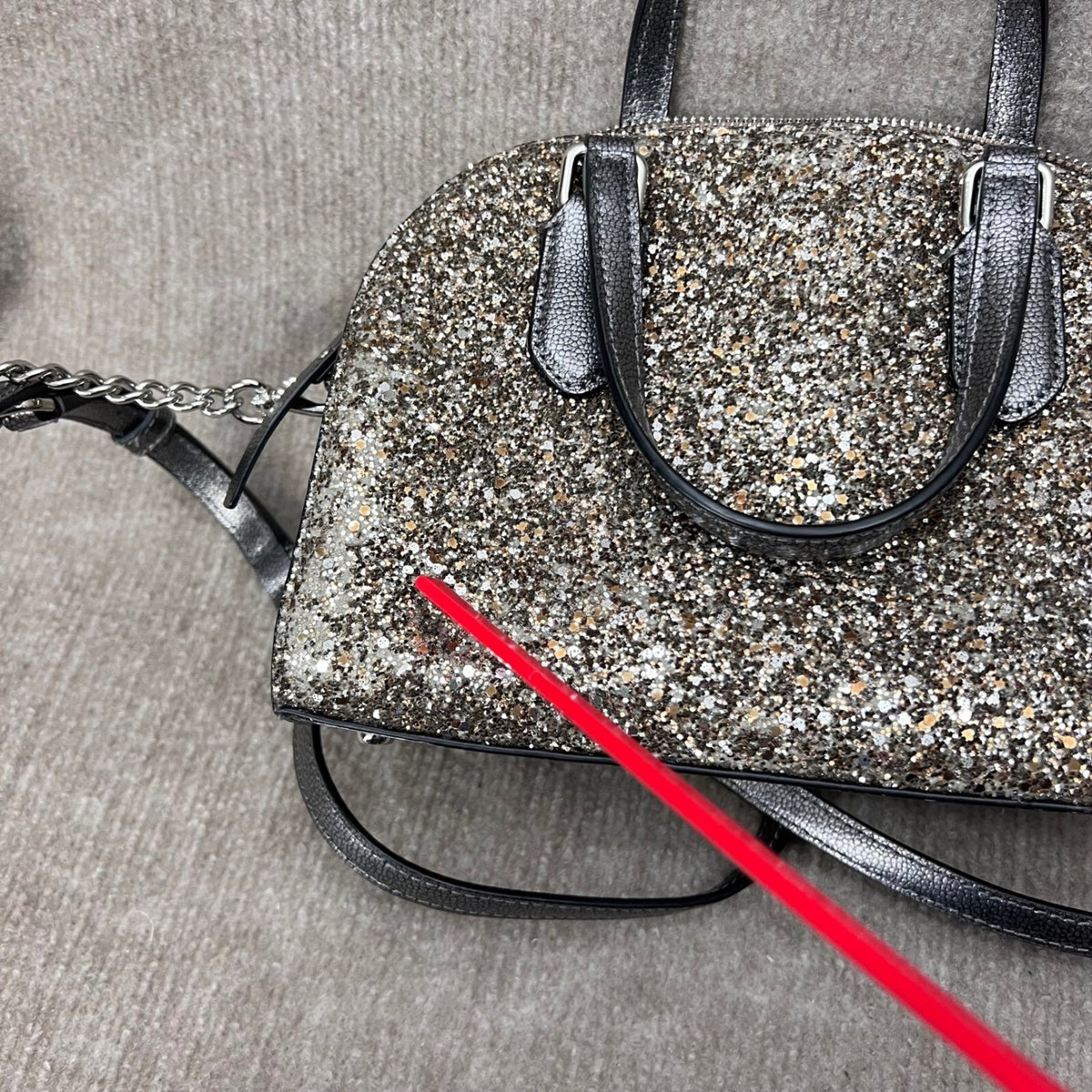 Kate Spade Glitter Dome Satchel Crossbody Bag Sparkle Silver Chain Strap FLAW