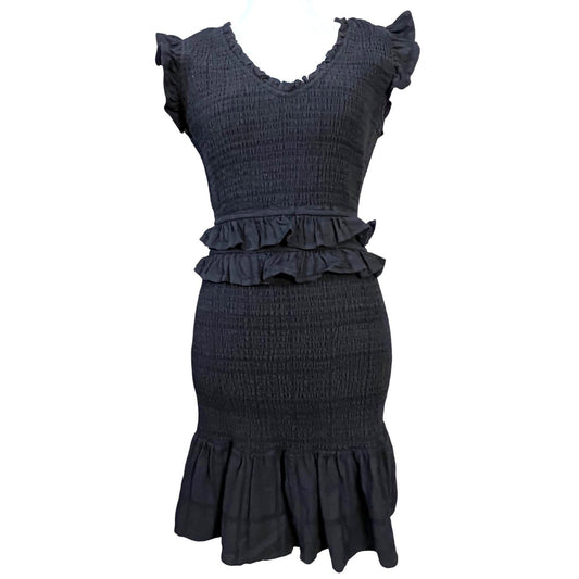 AQUA Smocked Ruffle Mini Dress Womens Small Black Cotton Bodycon Coquette