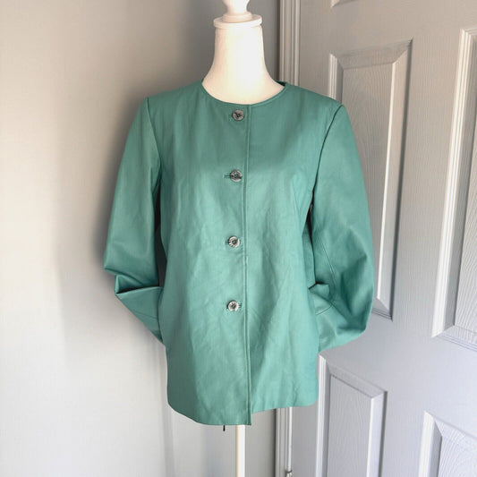 Chadwick's Sz 12 Leather Button Front Collarless Turquoise Jacket w/Pockets