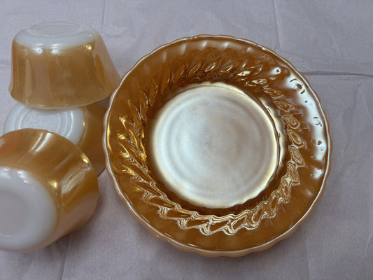 Anchor Hocking Fire King Peach Luster Swirl Bowl And Set of 3 Custard cups