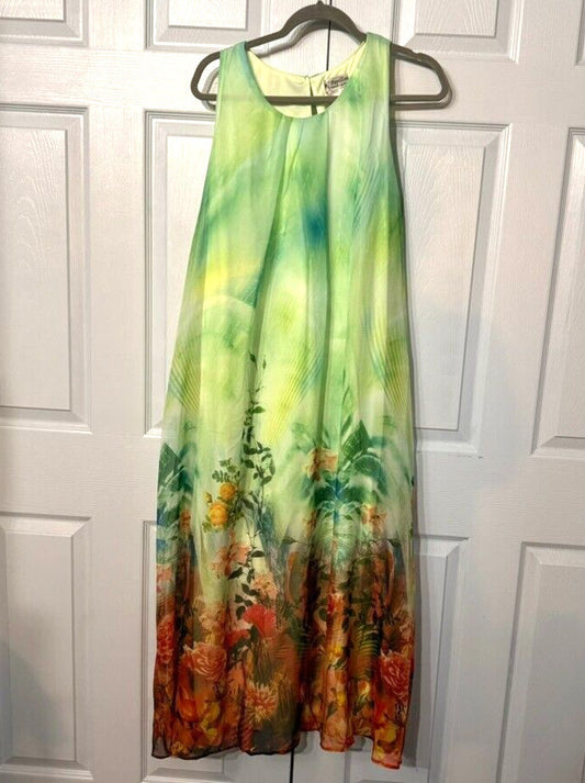 Papillon-Green chiffon polyester lined tropical floral maxi dress-L