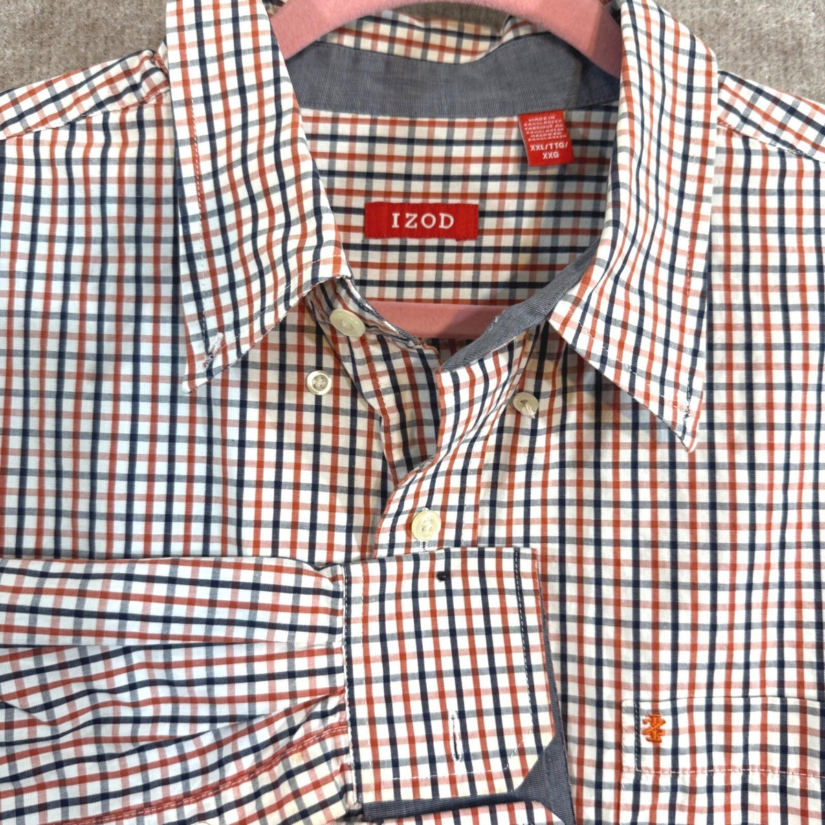 IZOD Button Down Shirt Mens XXL Orange Blue Plaid Long Sleeve Casual Preppy