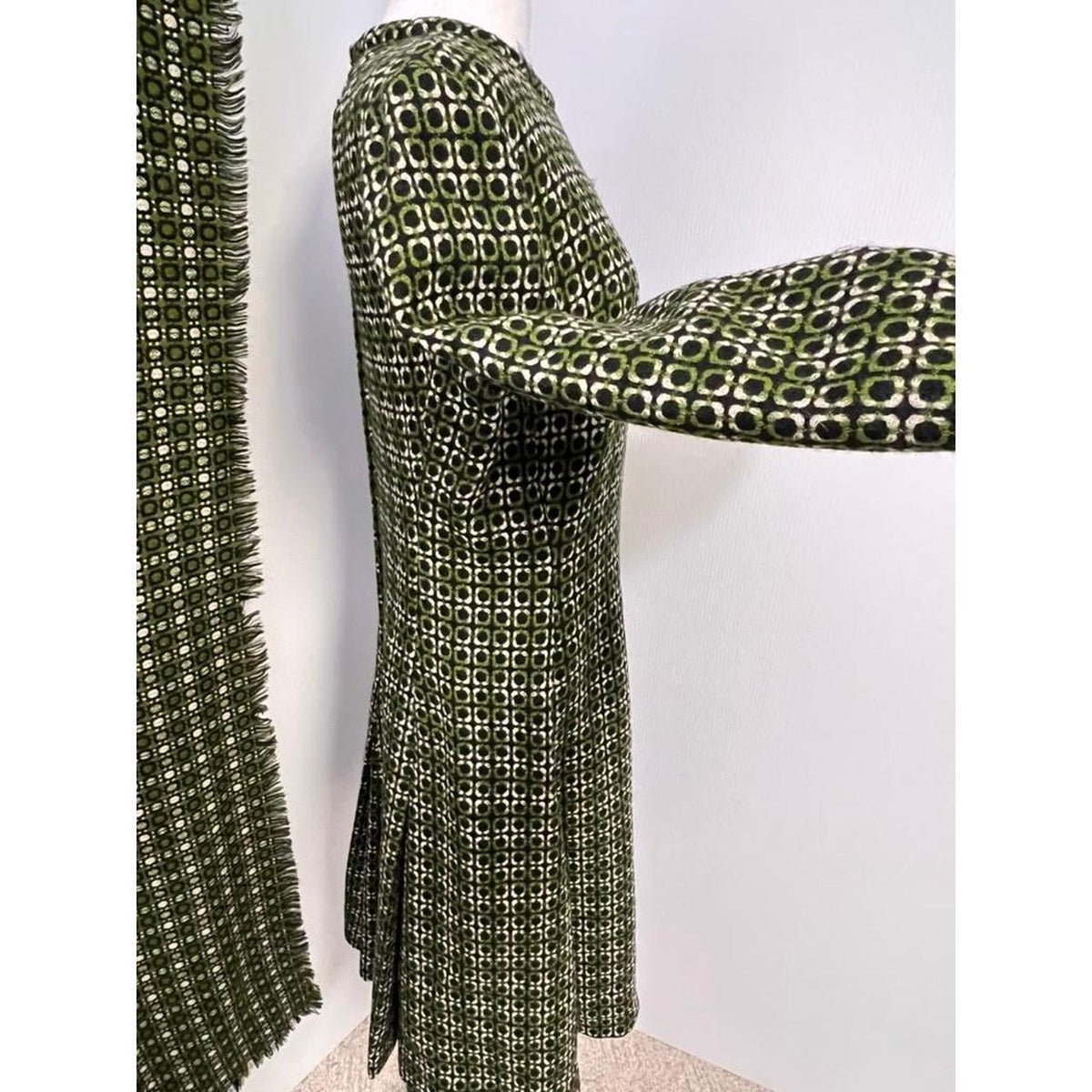 Vintage Green Mod Geo Print Long Sleeve Dress S-M Matching Scarf Retro 60 Style