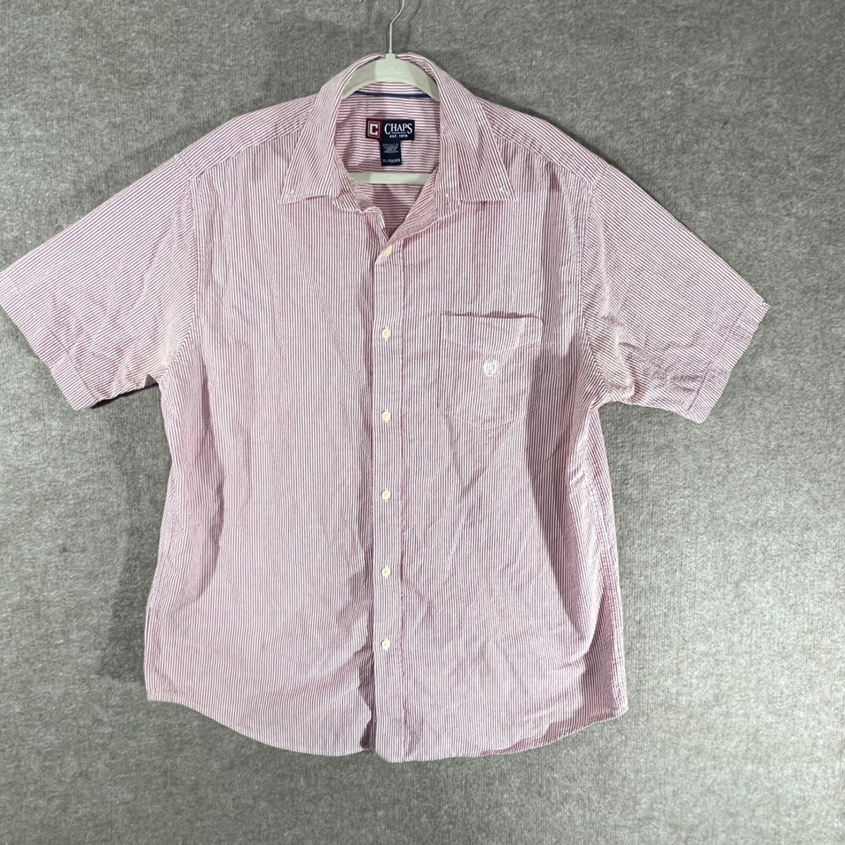 Chaps Button Up Shirt Mens XL Red White Seersucker Striped Short Sleeve Preppy