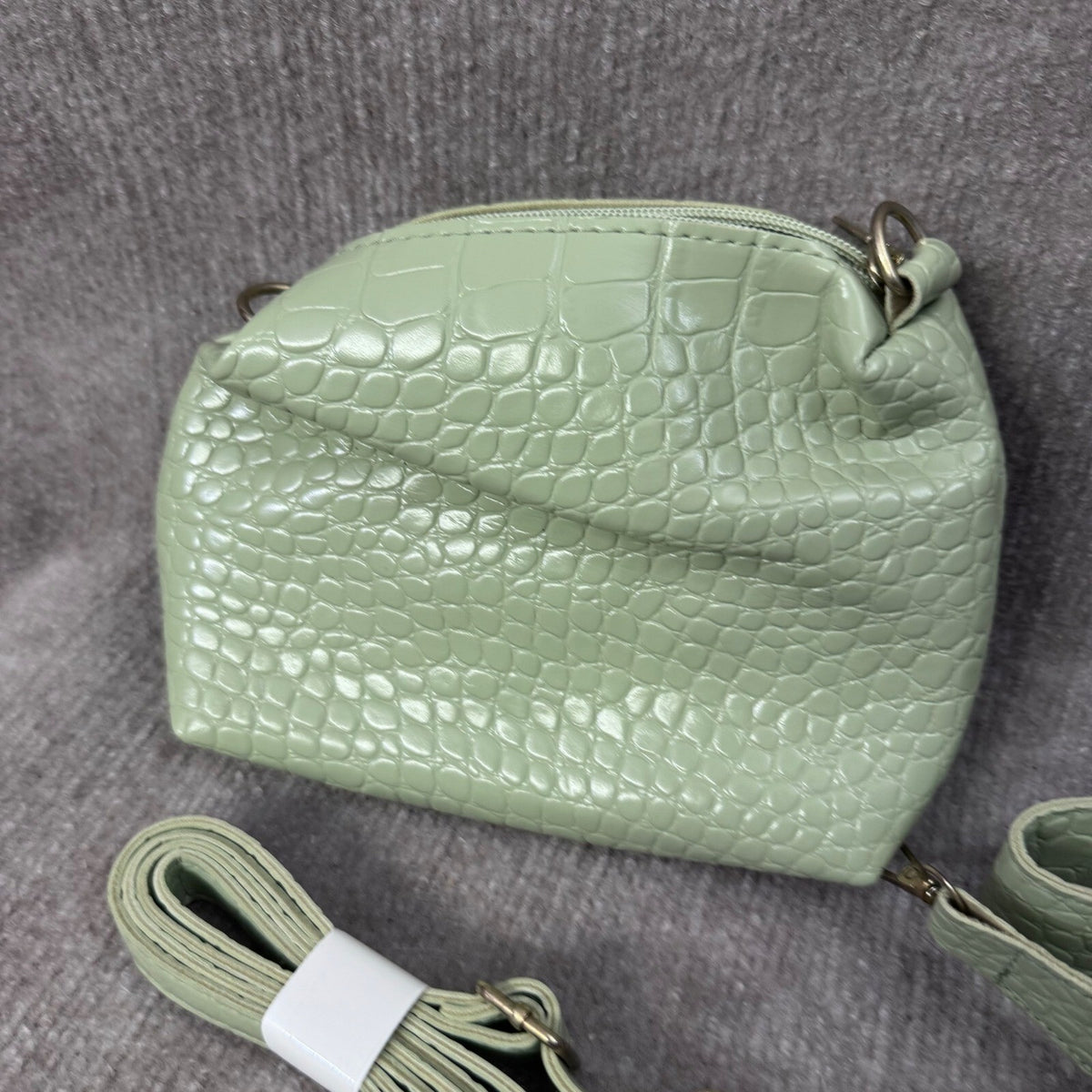 Sage Green Croc Embossed 3 PC Synthetic Purse Set Bucket Bag Crossbody Wallet