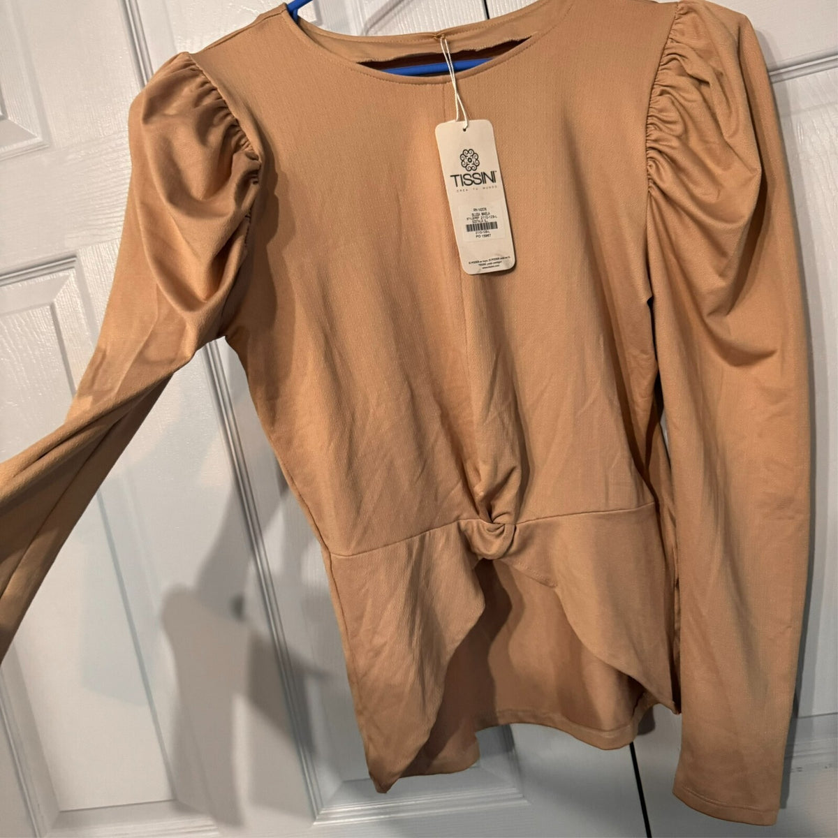 NWT Tissini L Nude Puff Shoulder Blouse Blusa Maela