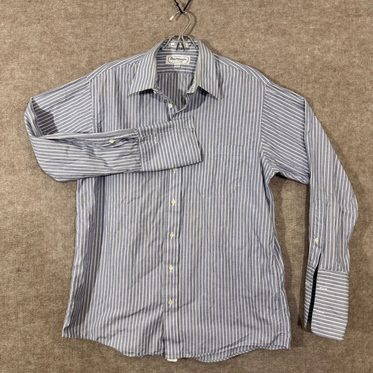 Vintage Burberrys Button Down Shirt Mens 16.5 33 Blue Striped Cotton Minimalist