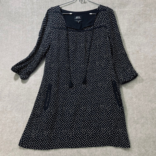 APC Rue Madame Paris Black White Polka Dot Dress Size US 8 EU38 V Neck Tie Neck