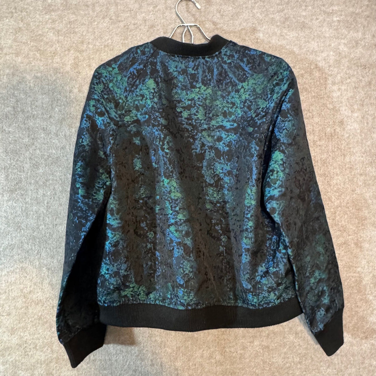 Anne Klein Bomber Jacket Womens 14 Blue Green Jacquard Abstract Zip Up Chic