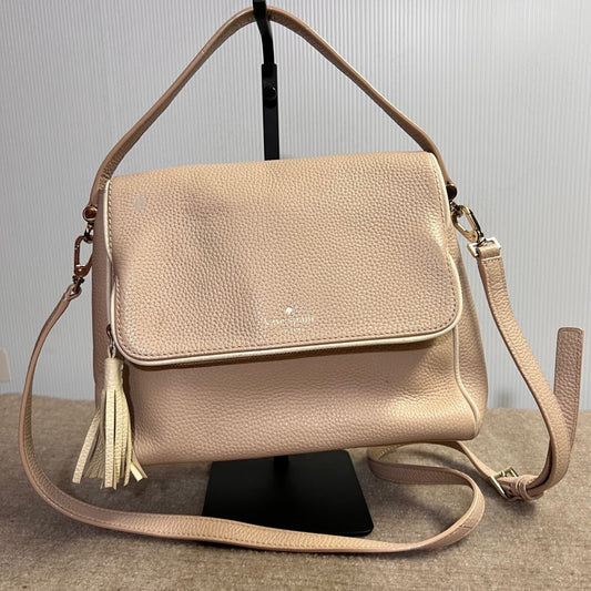 Kate Spade Pebbled Leather Crossbody Bag Women Beige Tassel Flap Purse Flaw