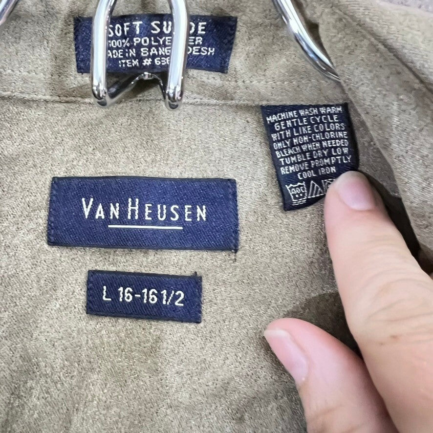 Van Heusen Soft Suede Feel Shirt Mens Large Olive Green Button Up Collared