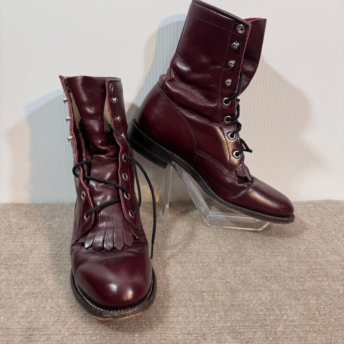 Vintage Justin Lace Up Boots Womens 6B Burgundy Leather Kiltie Western Cowgirl