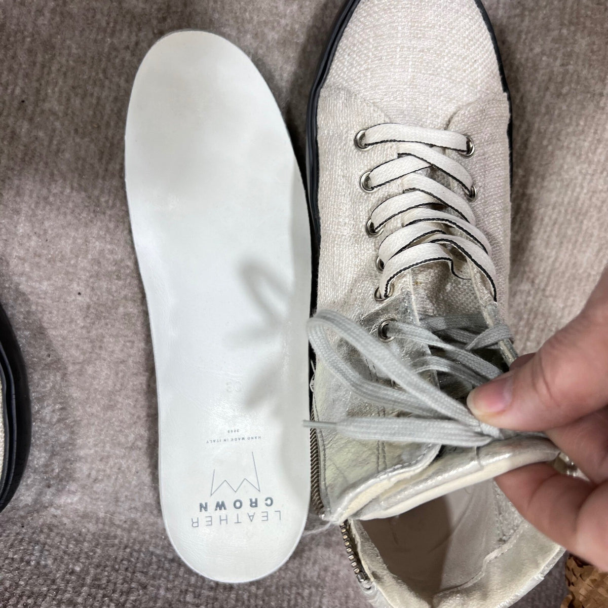 Leather Crown High Top Sneakers Metallic Silver White Canvas Side Zip Women 38