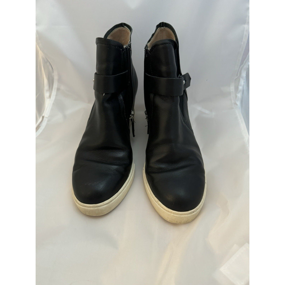 L.Paolo Hidden Wedge Ankle Boots Women 7 Black Leather Buckle Zip Gorpcore