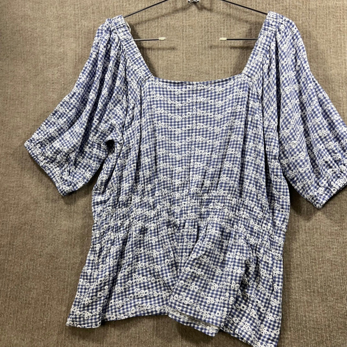 Belldini Blue Gingham Embroidered Square Neck Smocked Waist Milkmaid Top XL