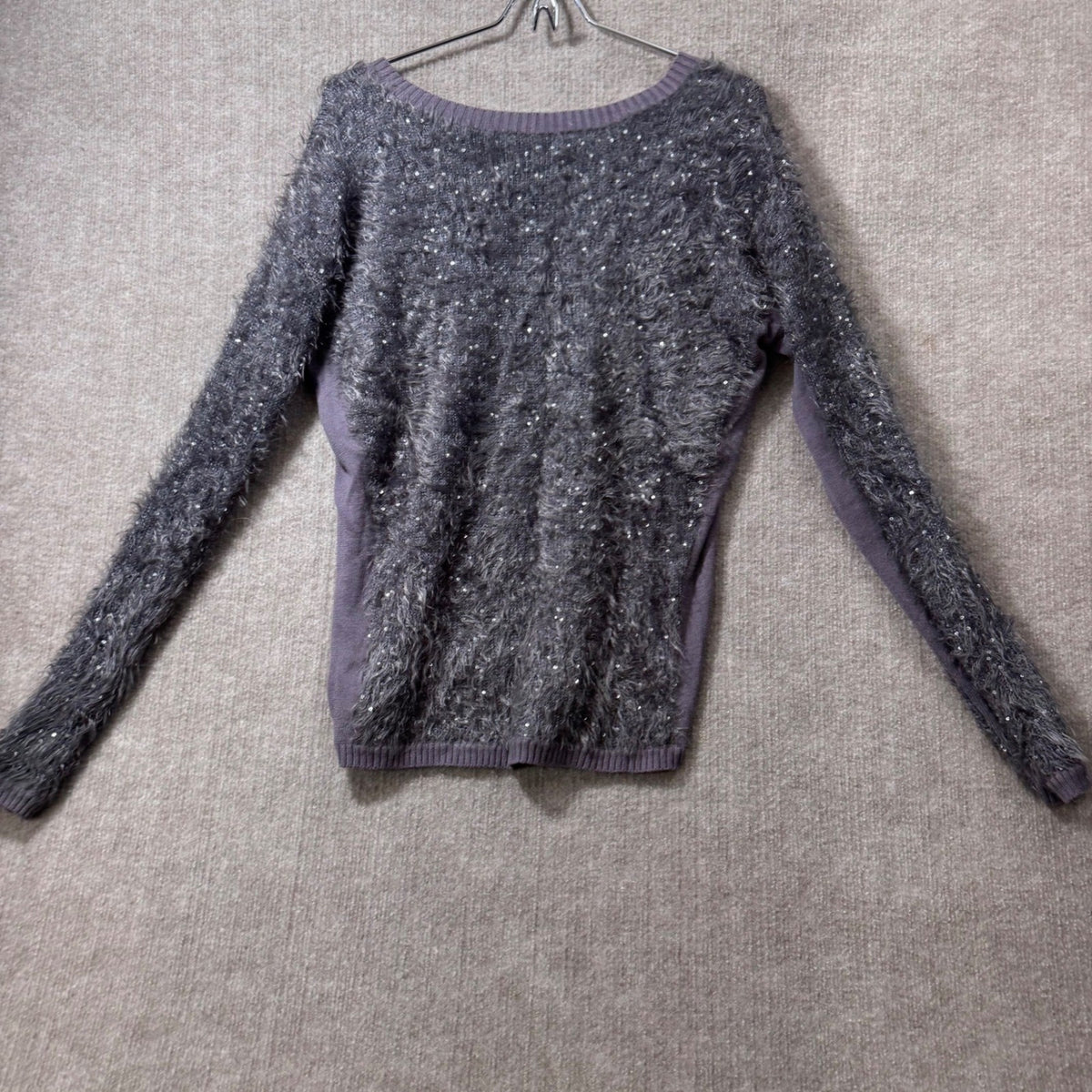 TROUVE Gray Sparkly Fuzzy Eyelash Knit Sequin V Neck Long Sleeve Sweater Size M