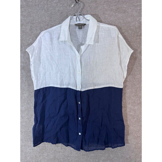 Tommy Bahama Linen Shirt Womens M Navy White Colorblock Button Down Resort