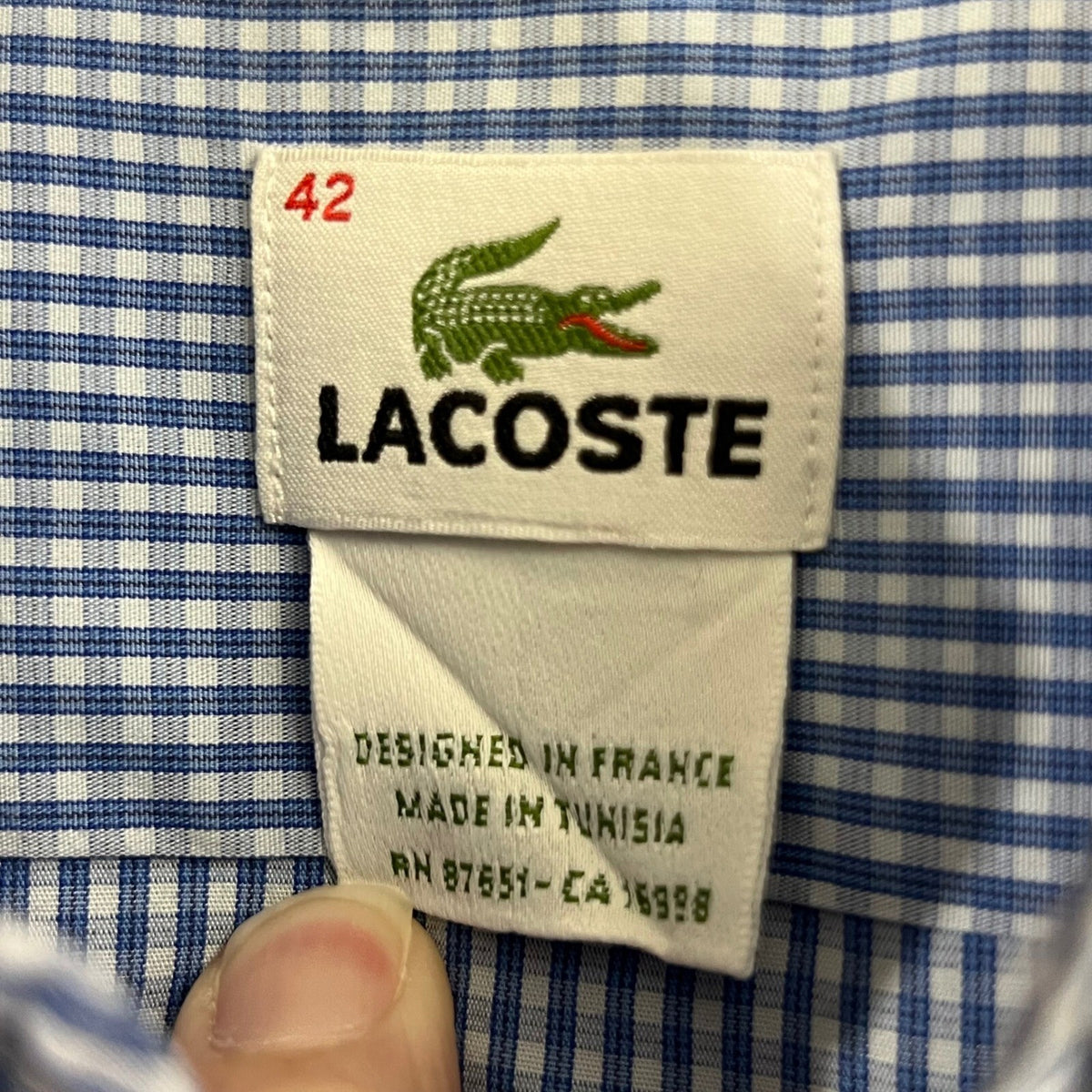 Lacoste Mens Large 42 Large Blue Gingham Check Button Up Long Sleeve ClassicFit