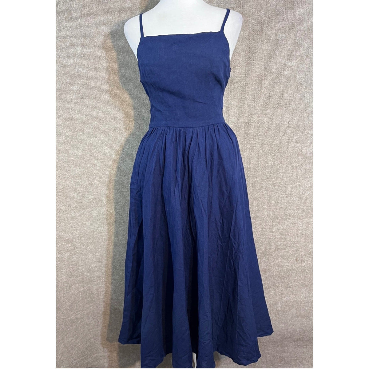 Galen Couture Dress XS - 2 Blue Laced Back Linen Blend Midi Coastal Minimalist