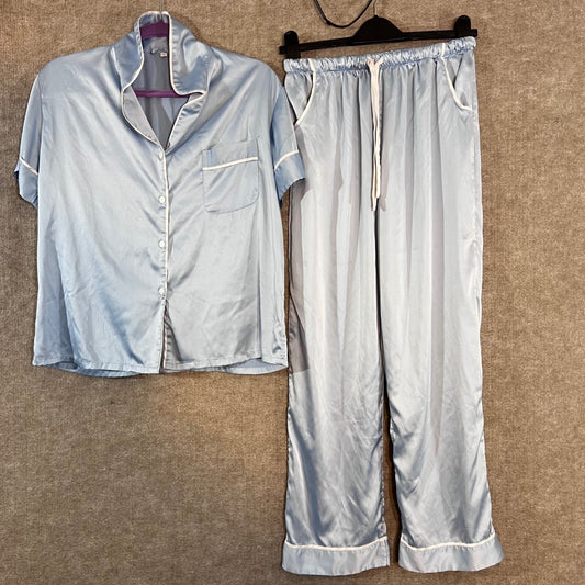 Unbranded Pajama Set Womens Small Blue Satin Short Sleeve Button Up Sleepwear