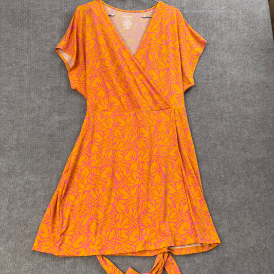 NINE WEST Orange Pink Floral Wrap Dress Short Sleeve Tie Waist Size XXL