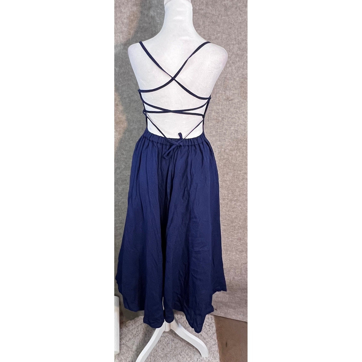 Galen Couture Dress XS - 2 Blue Laced Back Linen Blend Midi Coastal Minimalist