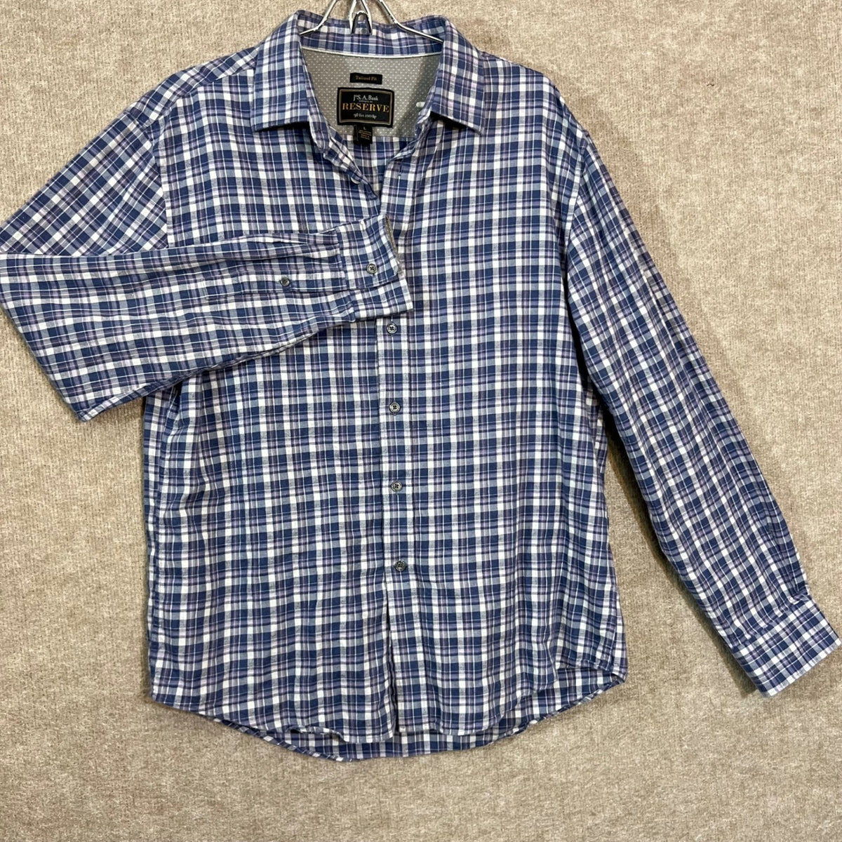 Jos A Bank Reserve Button Down Shirt Mens L Blue Plaid Cashmere Blend Tailored