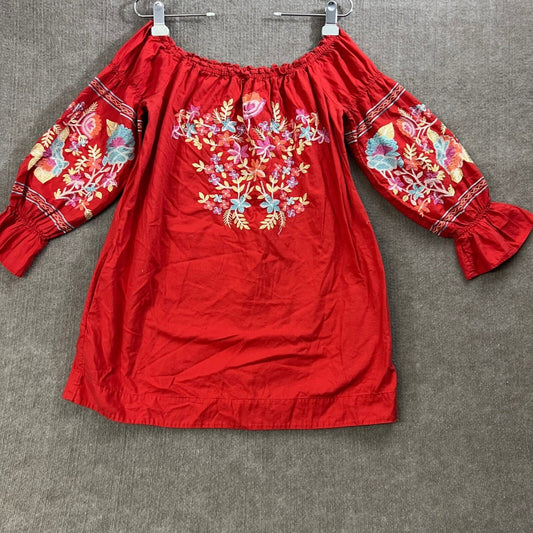 Free People Red Embroidered Off Shoulder Dress Bohemian Boho Milkmaid Size S