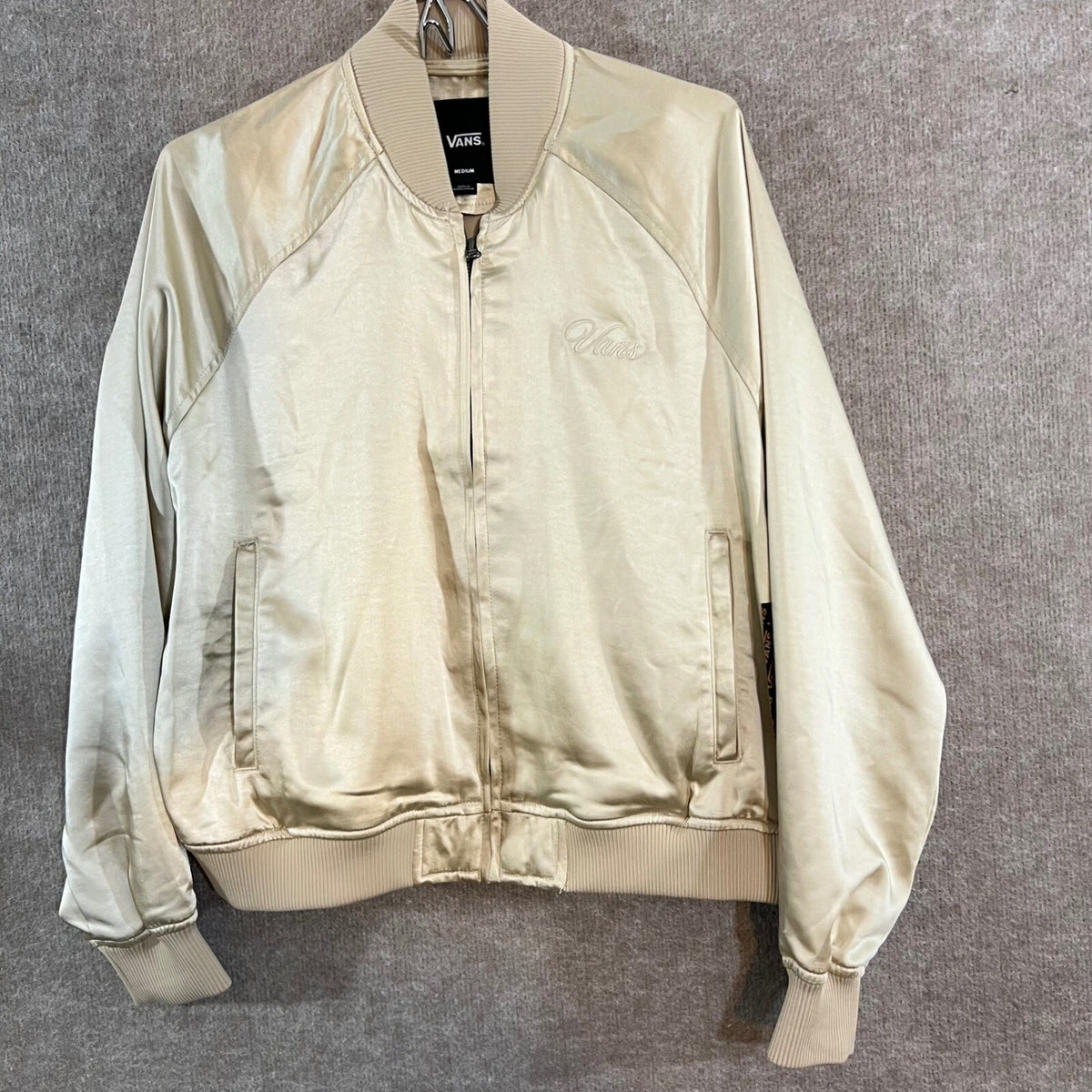 Vans Bomber Jacket Womens Medium Gold Satin Full Zip Embroidered Logo Streetwear