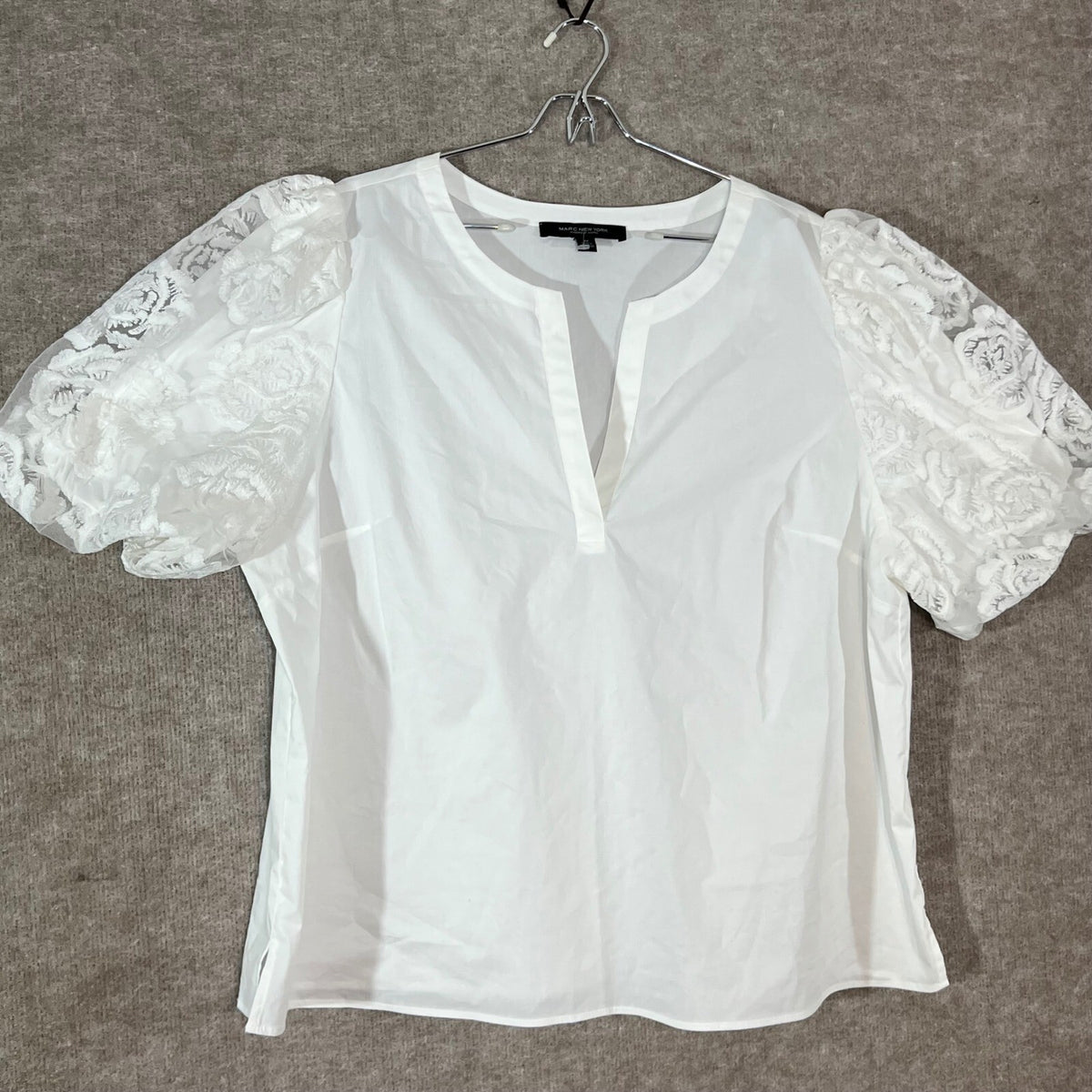 Marc New York Blouse Womens 2X White Lace Puff Sleeve Split Neck Cotton Blend