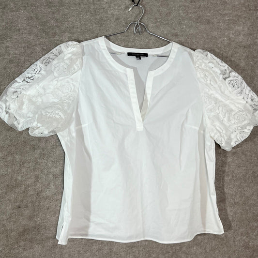 Marc New York Blouse Womens 2X White Lace Puff Sleeve Split Neck Cotton Blend