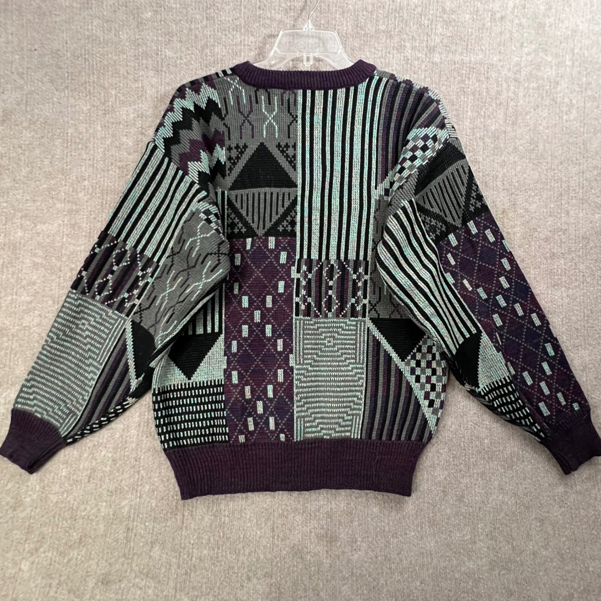 Vtg Stefano Man Abstract Geometric Sweater Purple Gray Knit Size L 90s Grandpa
