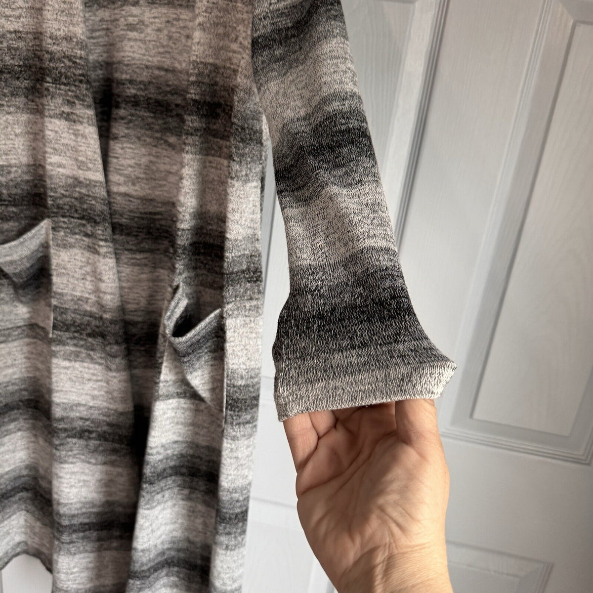 Lularoe Size S Sarah Duster | Boho Cozy Cocoon Coat | Patch Pockets Grey Stripe
