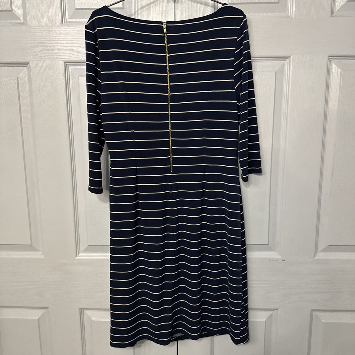Charter Club Petite Large Navy White Striped Dress Nautical Belted Ruched Midi