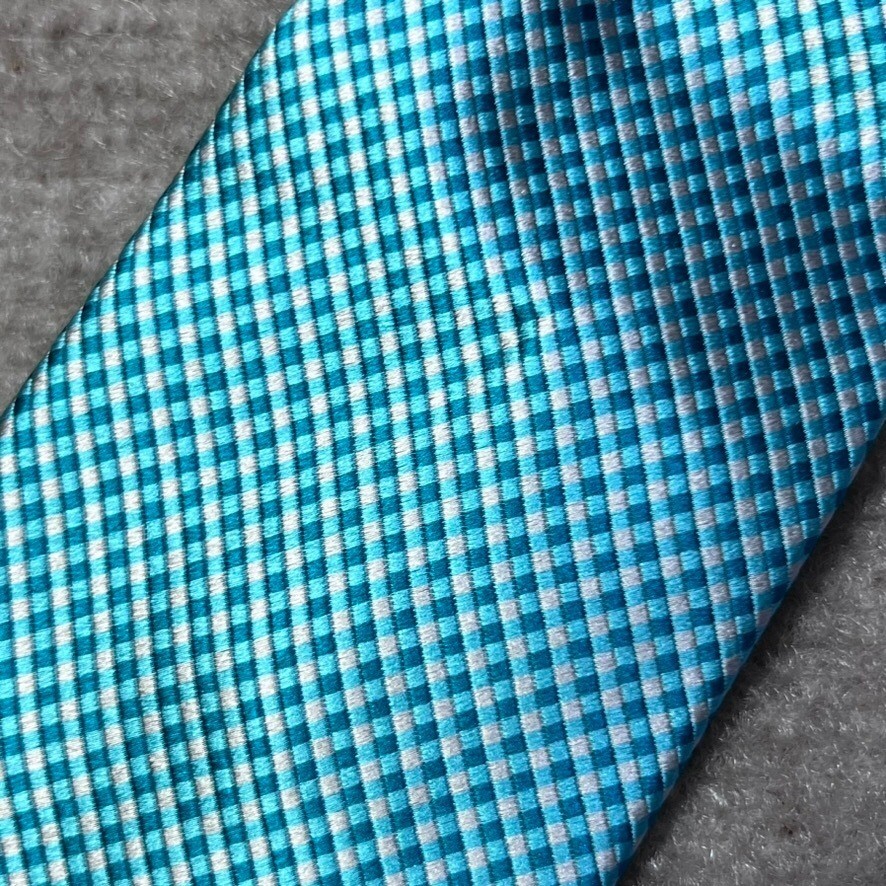 BILL BLASS Silk Tie Aqua Blue Gingham Check Mens Necktie Career Formal