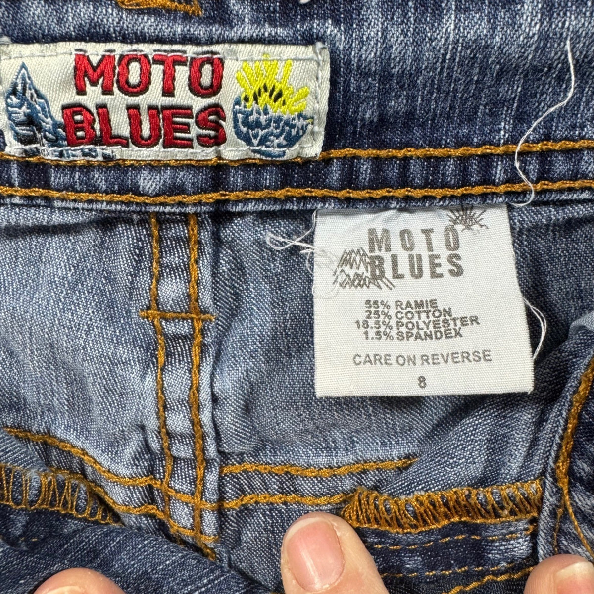 Moto Blues Jeans Girls women 8 Flared Embroidered Word Art Denim Pants