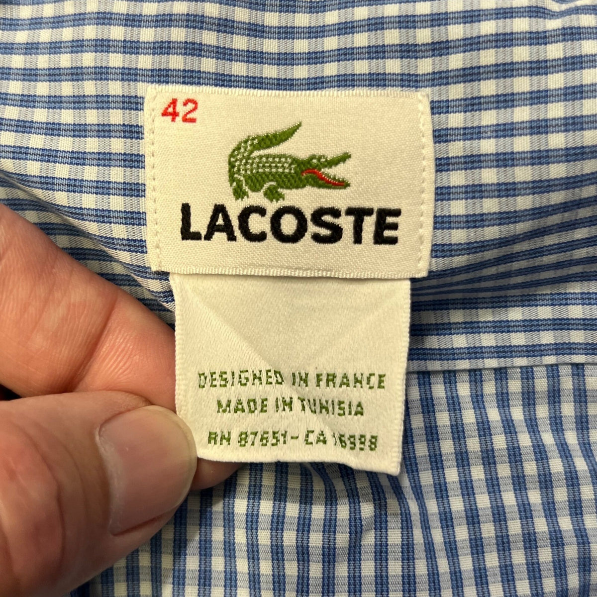Lacoste Mens Large 42 Large Blue Gingham Check Button Up Long Sleeve ClassicFit