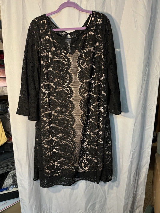 Lane Bryant Black Lace Dress Fit & Flare Surplice Lined 20 Bell Sleeve FairyGoth