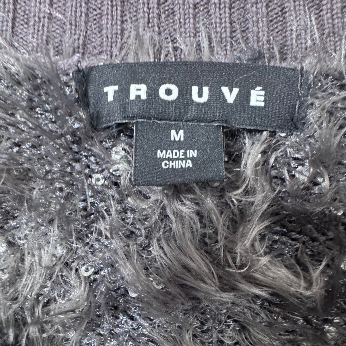 TROUVE Gray Sparkly Fuzzy Eyelash Knit Sequin V Neck Long Sleeve Sweater Size M