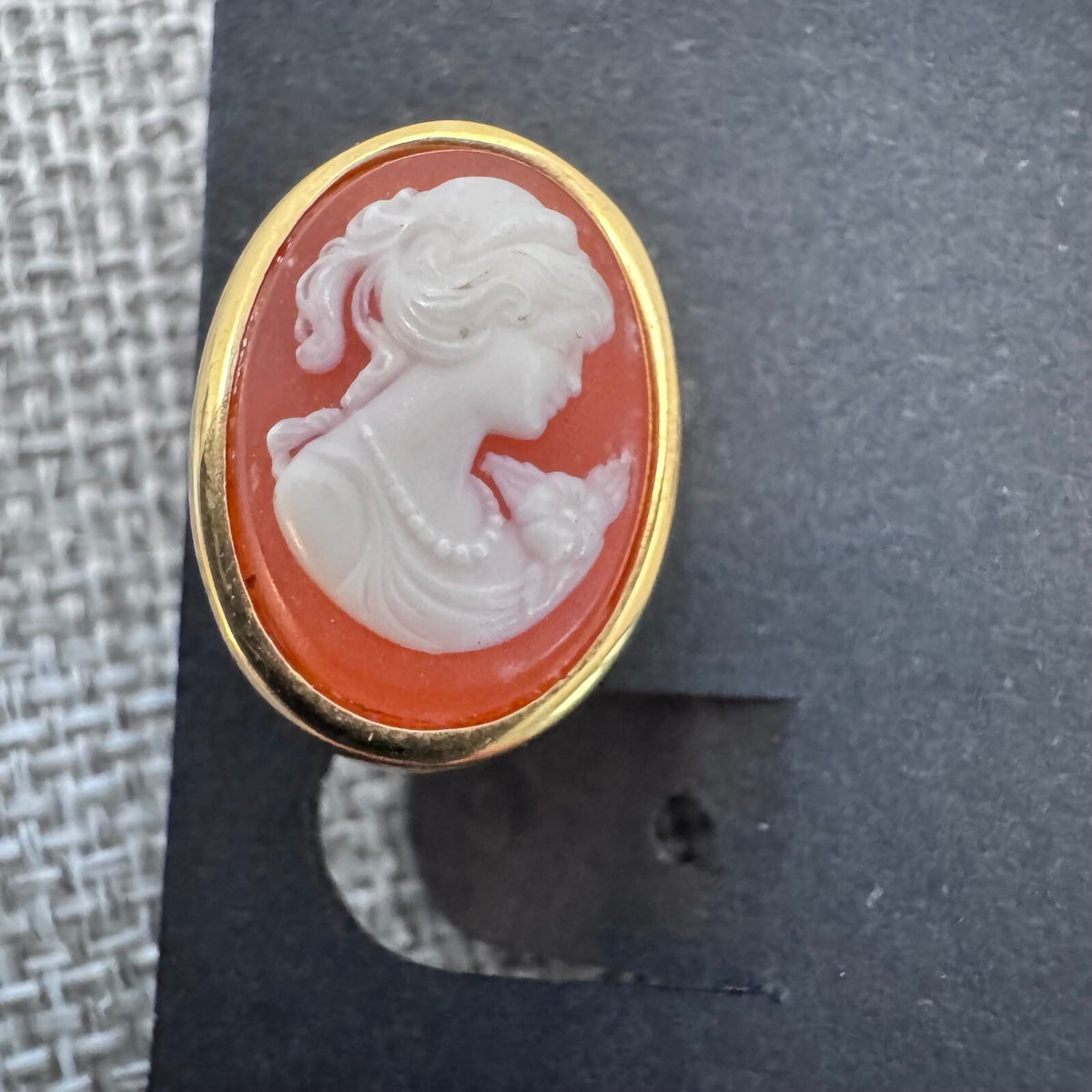 Vintage Crown Trifari Cameo Clip Earrings & Avon Cameo Stick Pin Set Gold Tone