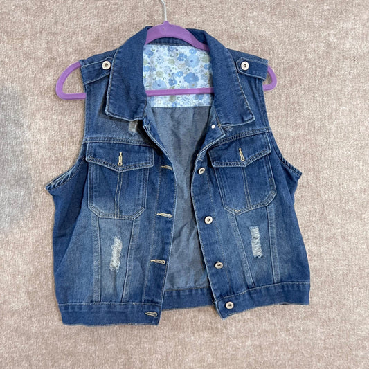 Unbranded Distressed Denim Vest Womens XL Blue Jean Sleeveless Jacket Boho