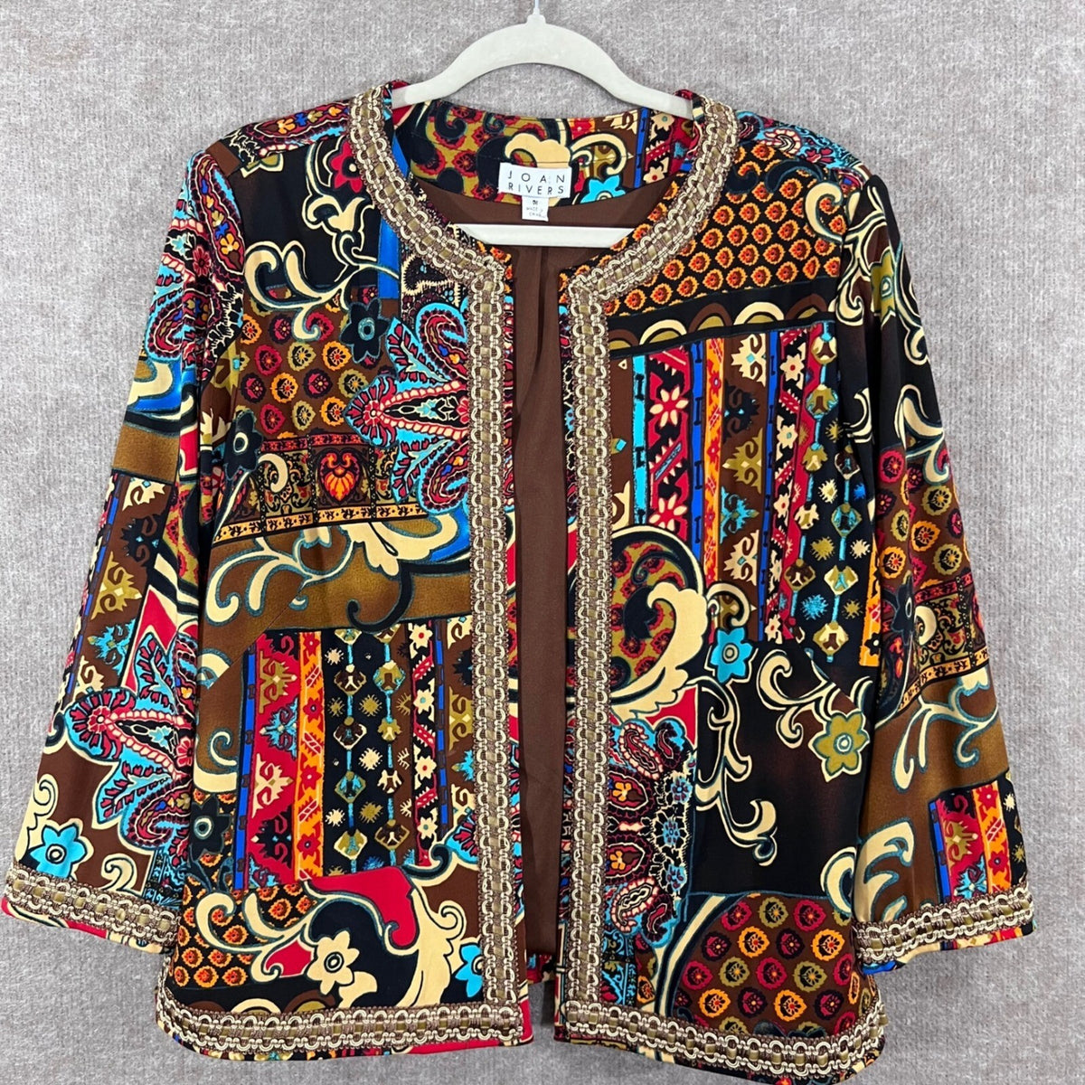 Joan Rivers Patchwork Blazer Jacket Womens Medium Open Front Boho Eclectic
