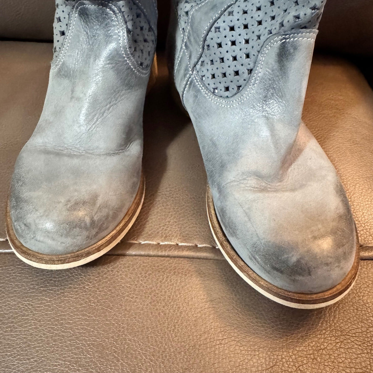 Deky Perforated Leather Tall Boots Women Size 37 Gray Distressed Boho Laser Cut