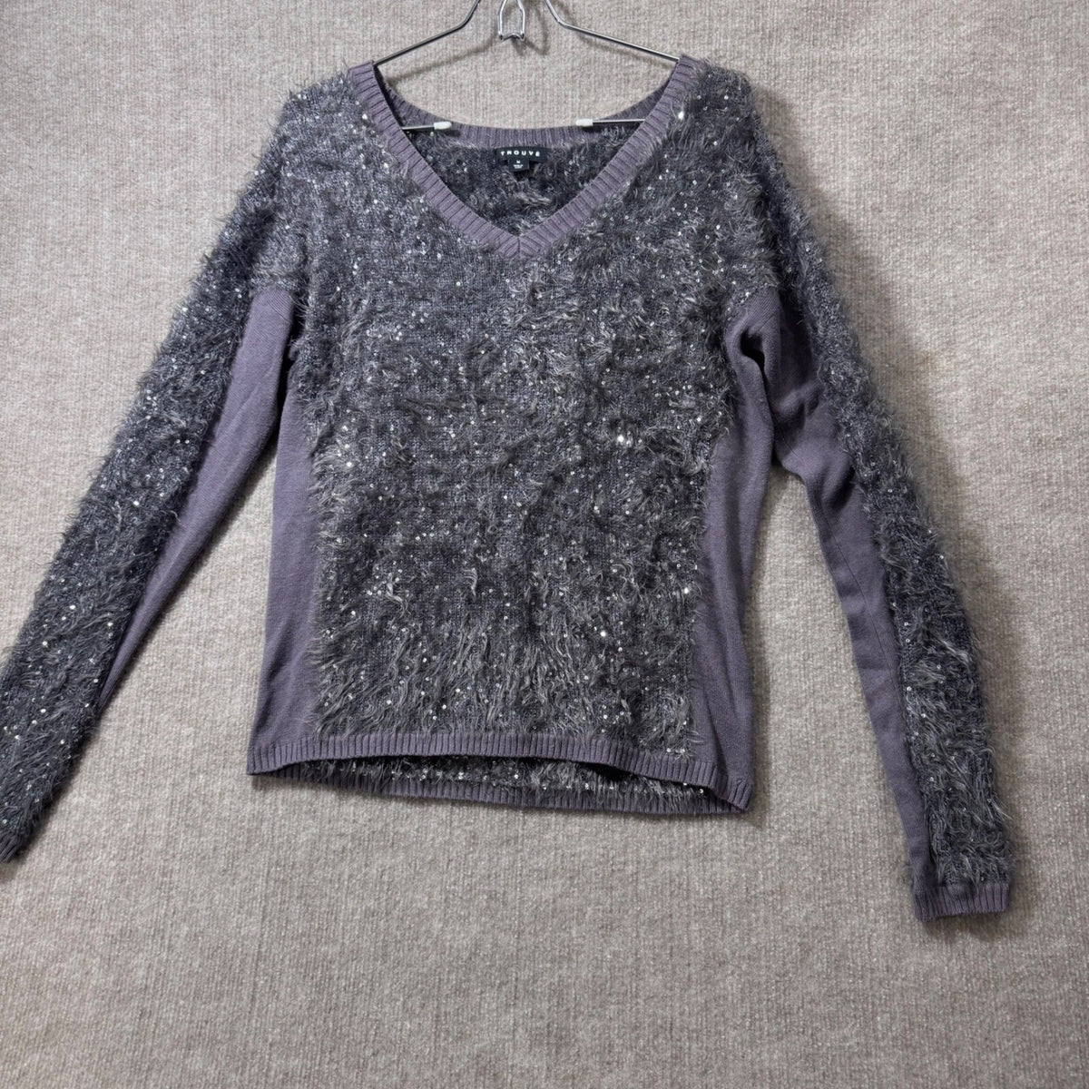 TROUVE Gray Sparkly Fuzzy Eyelash Knit Sequin V Neck Long Sleeve Sweater Size M