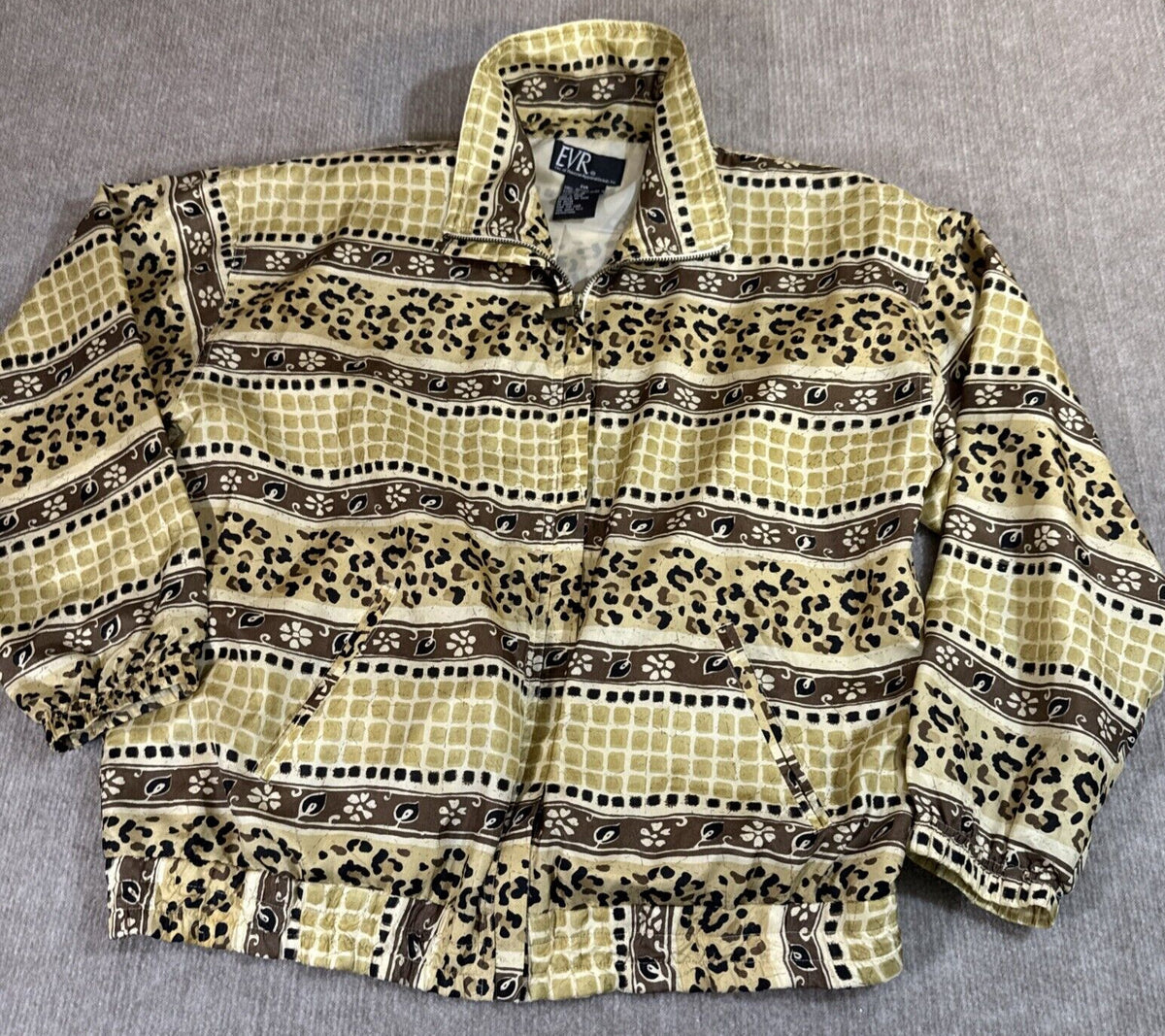 EVR Women Warmup Jacket M Silk Full Zip Animal Print Mom Athleisure Retro